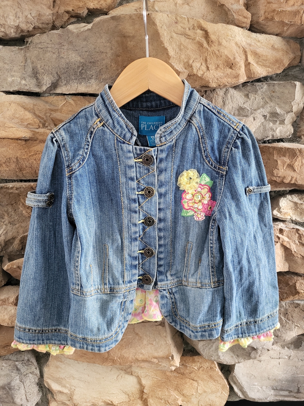 The Children's Place Girls' Blue Denim Jacket with Floral Applique XS 4
